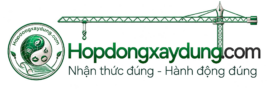 Logo Hopdongxaydung.com với địa cầu, cẩu tháp và ngòi bút, màu xanh lá và bạch kim