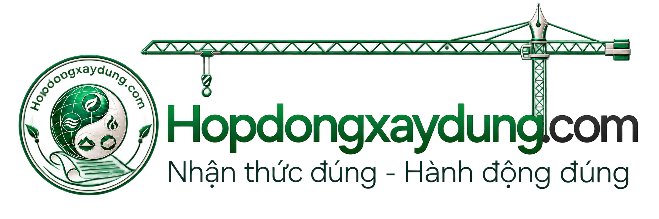 Logo Hopdongxaydung.com với địa cầu, cẩu tháp và ngòi bút, màu xanh lá và bạch kim