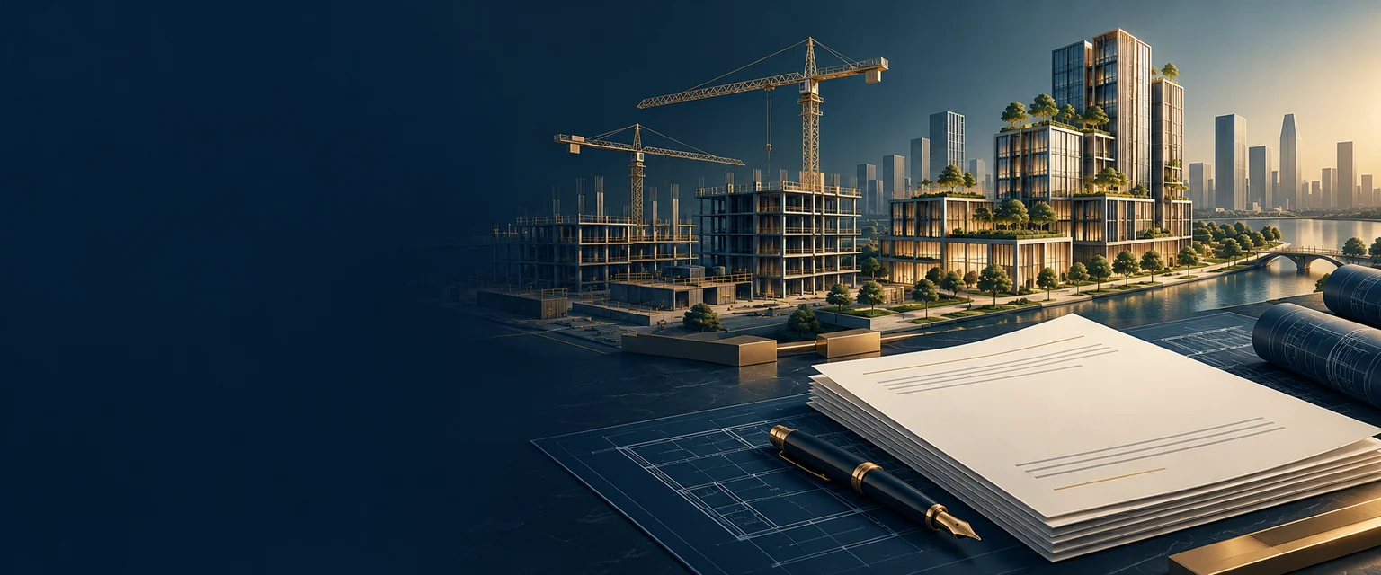 Minh họa hồ sơ hợp đồng và bản vẽ bên mô hình công trình xây dựng hiện đại.